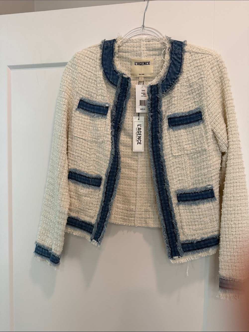 L'AGENCE Cream Tweed Jacket with Blue Denim Trim
